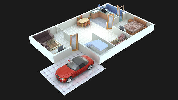 Interior plan 39 for home ground floor 3D interior design for home (ground floor), with car beautiful furnitures and flooring and having hall,bedroom,kitchen, and parking with black in background. the clinton foundation stock pictures, royalty-free photos & images