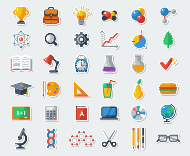 Flat School Icons Vector Collection. Flat School Icons Vector Collection. High School Object and College Education Items with Teaching and Learning Symbols. Studying and Educational Elements. Back to School. educational subject stock illustrations