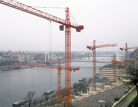 View of the Budapest with tower cranes.