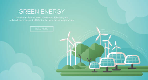 illustrazioni stock, clip art, cartoni animati e icone di tendenza di modello di banner di ecologia concetto in design piatto. - energia rinnovabile