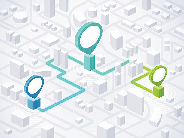 ilustraciones, imágenes clip art, dibujos animados e iconos de stock de la planificación de rutas indicaciones y las ubicaciones - mapa de la ciudad