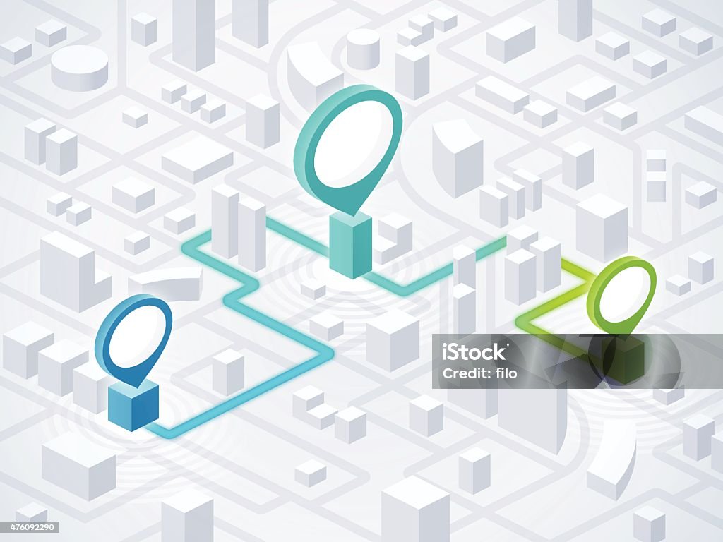 Route Planning Directions and Locations Route planning, navigation and direction locations in an isometric generic city with location markers. EPS 10 file. Transparency effects used on highlight elements. Isometric Projection stock vector