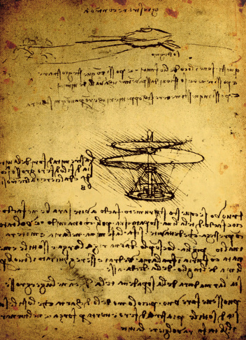 Leonardo's Da Vinci engineering drawing from 1503 on textured background.