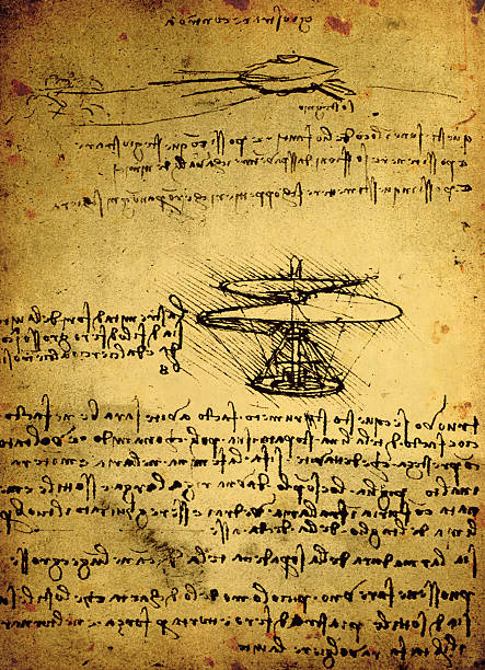 Old Engineering Drawing Leonardo's Da Vinci engineering drawing from 1503 on textured background. leonardo da vinci stock pictures, royalty-free photos & images