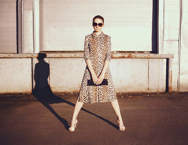 Stylish woman in a leopard dress, glasses and bag stock photo