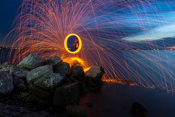 istock Firework showers of hot glowing sparks from spinning steel wool. 476093384