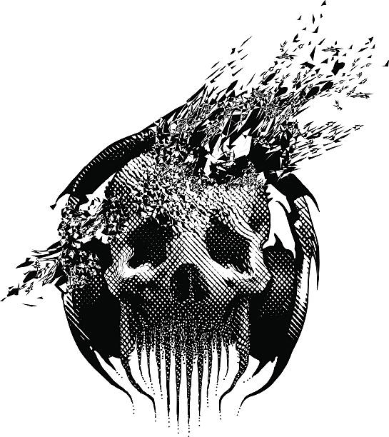 Spooky Skull Listening To Music, Blown Away By Song Spooky skull wearing headphones, listening to music and getting blown away by sound quality or song. Black and white line art. Isolated on white background. black and white headphones stock illustrations