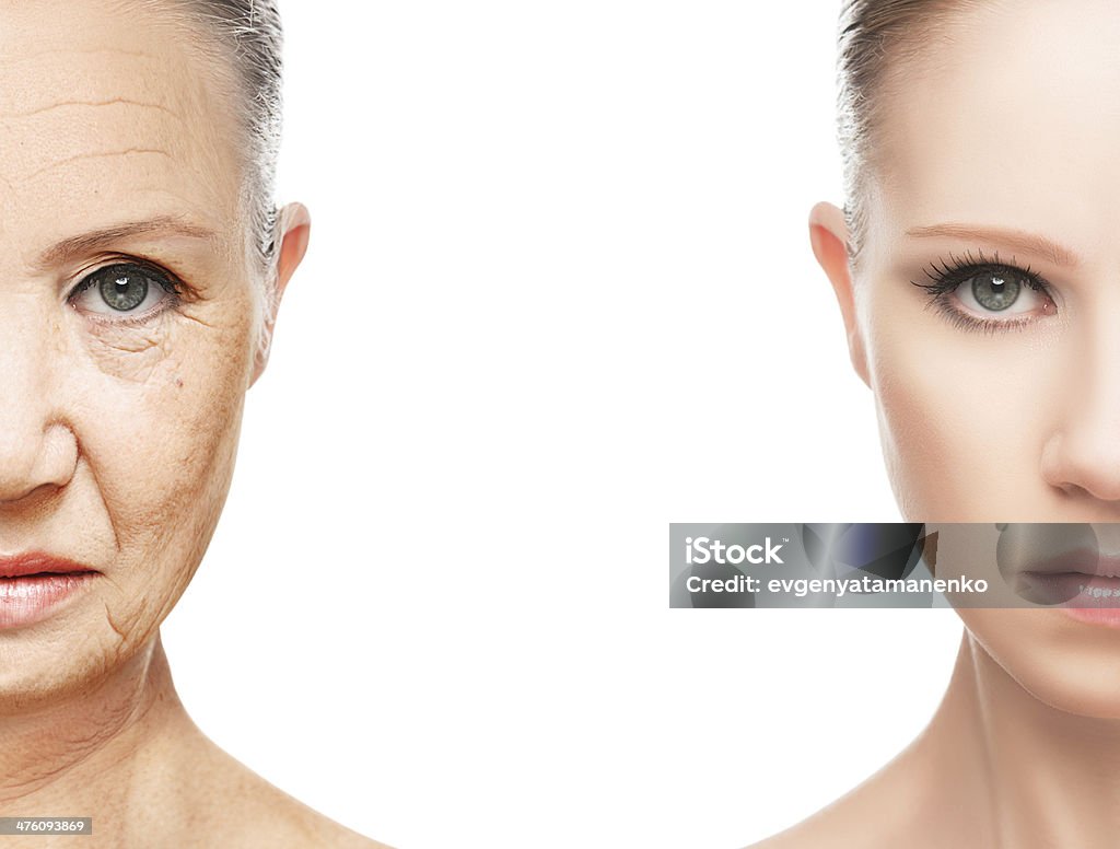 concept of aging and skin care concept of aging and skin care. face of young woman and an old woman with wrinkles Aging Process Stock Photo