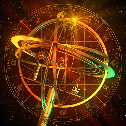 Armillary Sphere With Zodiac Symbols Over Red Background. 3D Scene.