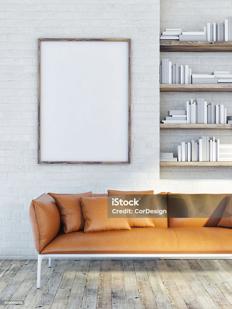 Mock up poster on brick wall, leather sofa, 3d illustration Art Stock Photo