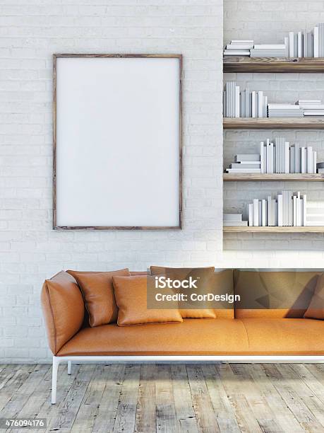 Mock Up Poster On Brick Wall Leather Sofa 3d Illustration Stock Photo - Download Image Now