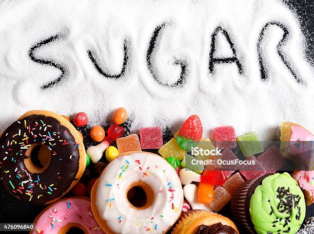 Mix Of Sweet Cakes Donuts And Candy With Sugar Text Stock Photo - Download Image Now