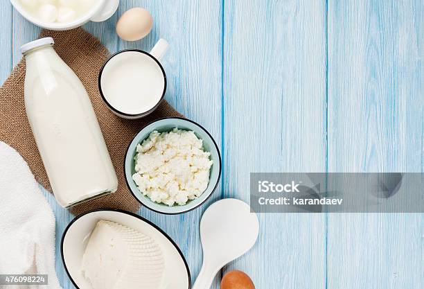 Sour Cream Milk Cheese Eggs And Yogurt Stock Photo - Download Image Now - 2015, Above, Backgrounds