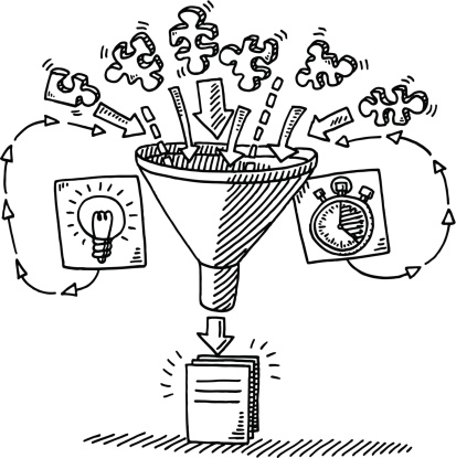 Hand-drawn vector drawing of a Funnel Workflow Concept. The input into the funnel are Puzzle Pieces, Time and Ideas. The output is the finished document. Black-and-White sketch on a transparent background (.eps-file). Included files are EPS (v10) and Hi-Res JPG.