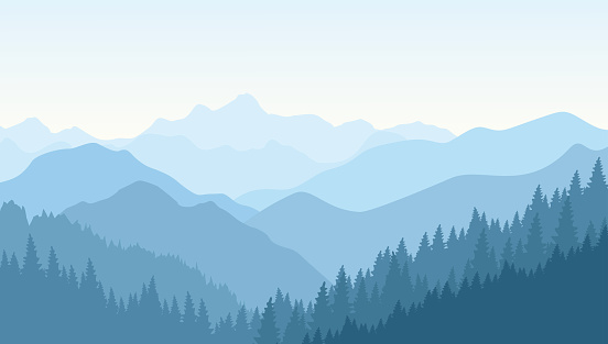  Blue mountains in the fog. Beautiful mountain landscape in summer. Morning in the mountains. Vector illustration. EPS 10