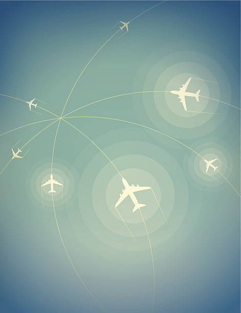 Travel airplanes Vector of crisscrossing lines of multiple passenger planes on the way to their locations. EPS 10 ai file format. airplane flying cirrus sky stock illustrations