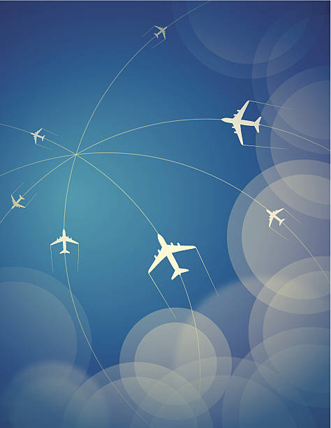 Travel airplanes Vector of crisscrossing lines of multiple passenger planes on the way to their locations. EPS10 ai file format. airplane flying cirrus sky stock illustrations