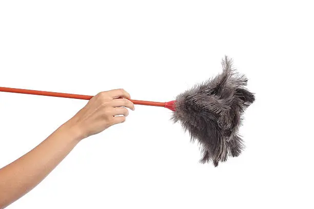 Woman hand holding a duster clean isolated on a white background