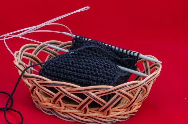 Black  knitting handmade and knitting-needle in a basket