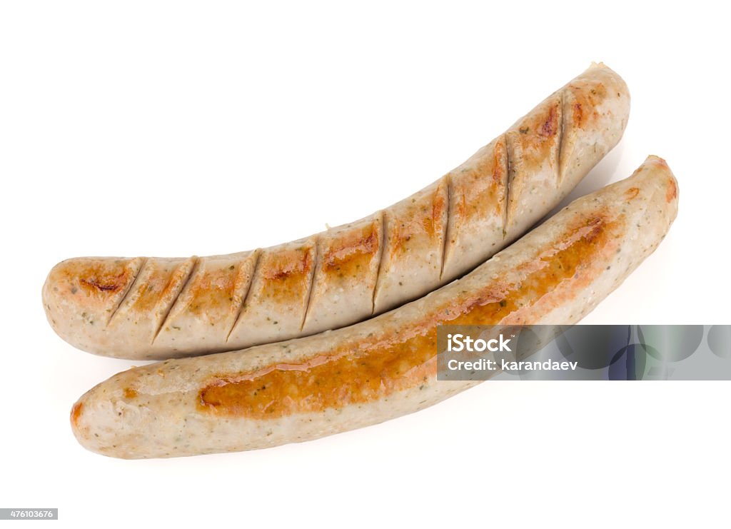 Two grilled sausages Two grilled sausages. View from above. Isolated on white background Bratwurst Stock Photo