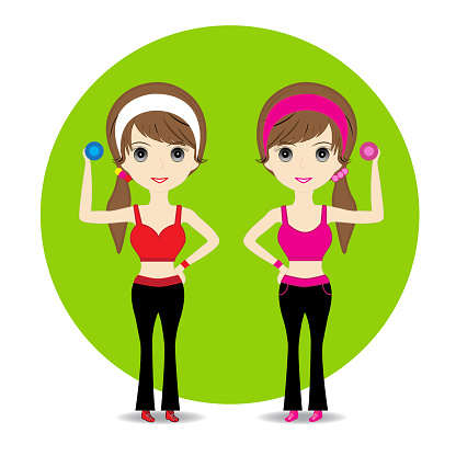 Cute Woman exercising in sport outfit holding dumbbell smiling on white background
