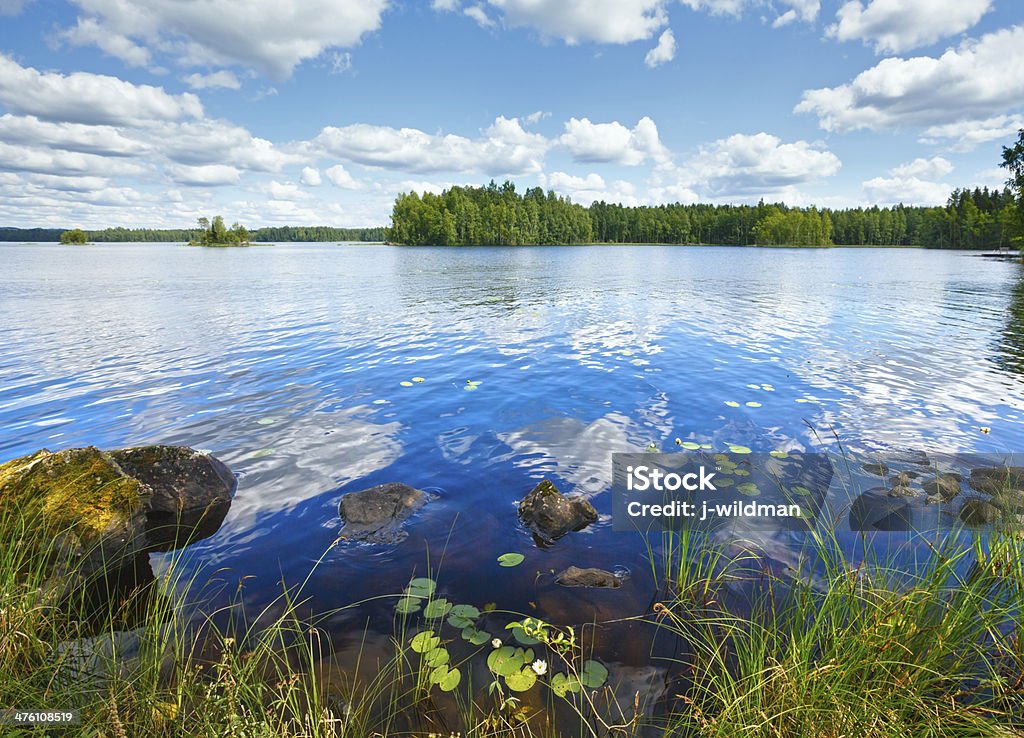 Lake Rutajarvi summer view (Finland). Lake Rutajarvi summer view with reflection of clouds on water surface (Urjala, Finland). Blue Stock Photo