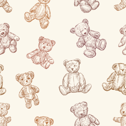 Vector pattern of the various old teddy bears.