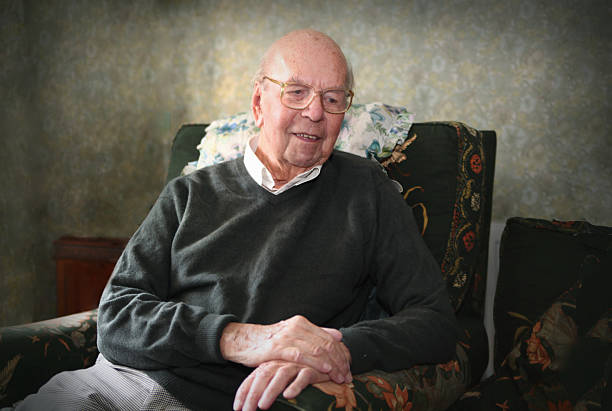 Portrait of 93 years old English man in domestic environment stock photo