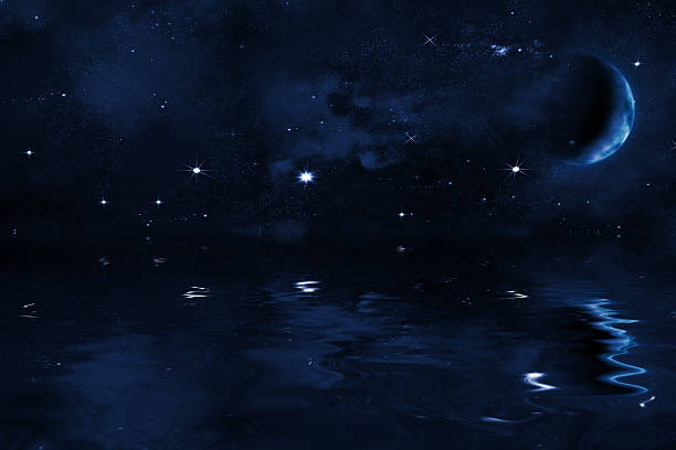 istock starry night sky background, moon over sea, shiny stars, nebula, 476115418