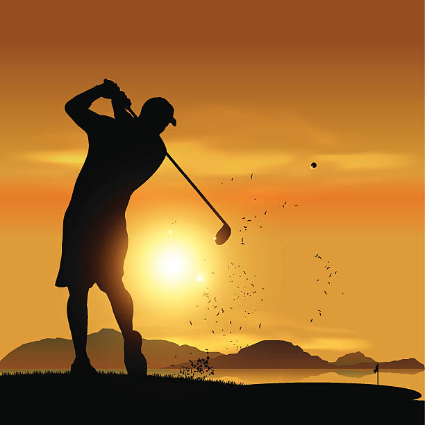 Golfer silhouette at sunset Golfer silhouette swinging at sunset design background golfer swinging club stock illustrations