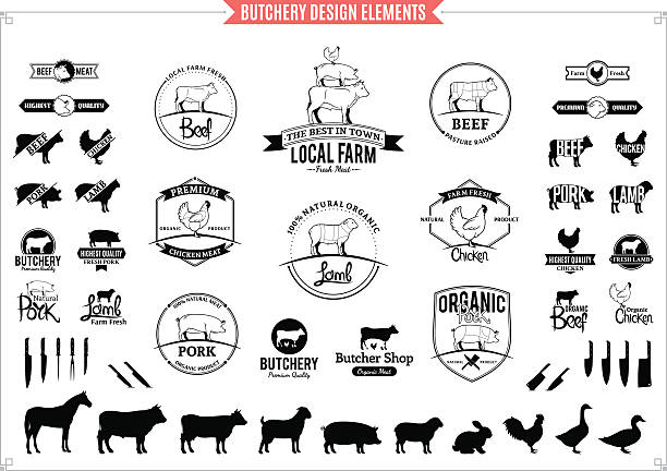 Butchery Logos, Labels, Charts and Design Elements Lots of butchery design elements for your work. pig silhouettes stock illustrations