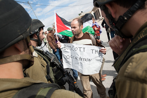 Al Ma'sara, Palestine - November 9, 2012: A Palestinian activist with a sign reading, \