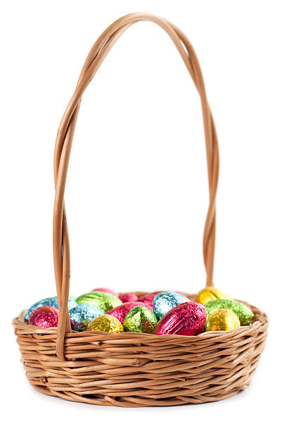 Chocolate eggs in a basket on white stock photo