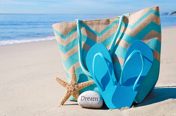 istock Beach bag with flip flops by the ocean 476125335