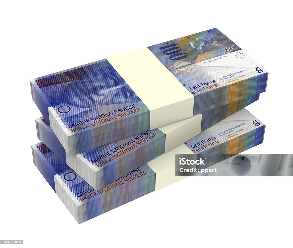 Swiss money isolated on white background. Computer generated 3D photo rendering. Bank - Financial Building Stock Photo