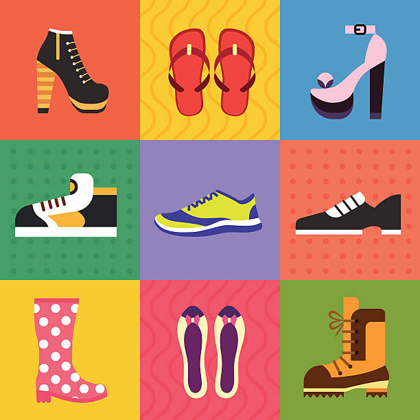 Shoes for all occasions Shoes for all occasions: shoes, sneakers, boots. Vector flat icon set and illustrations womens blue suede shoes stock illustrations