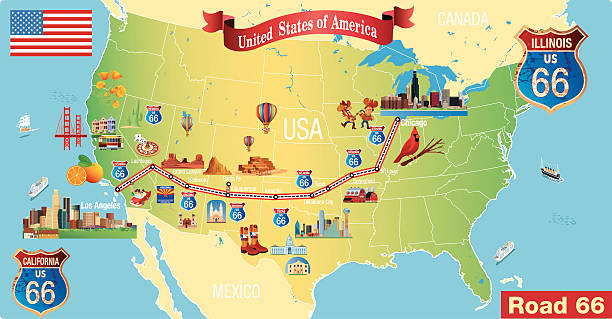 illustrazioni stock, clip art, cartoni animati e icone di tendenza di route 66 mappa - holbrook