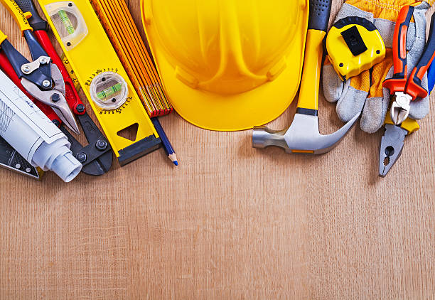 istock Composition of building tools on oak wooden board construction c 476136232