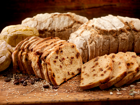 Assortment of Gluten Free Breads - Raisin and Quinoa Bread, Buns, Multi Seed Bread and Brown Rice Bread - All items are Egg Free, Dairy Free and Lactose Free.-Photographed on Hasselblad H3D2-39mb Camera
