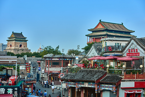 Beijing , China - September 24, 2014:  Chinese traditional Yindingqiao Hutong streets with people and tourist Beijing China