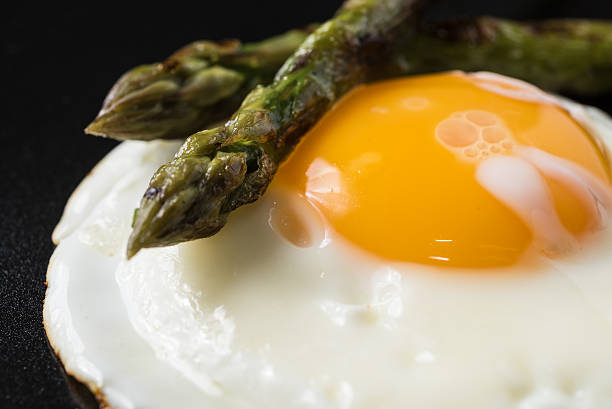 istock Fried egg and roasted asparagus in black plate 476141348