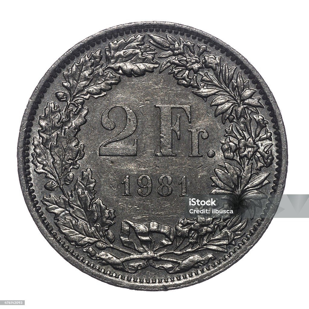 2 Swiss Francs coin isolated on white (1981) 1981 Stock Photo
