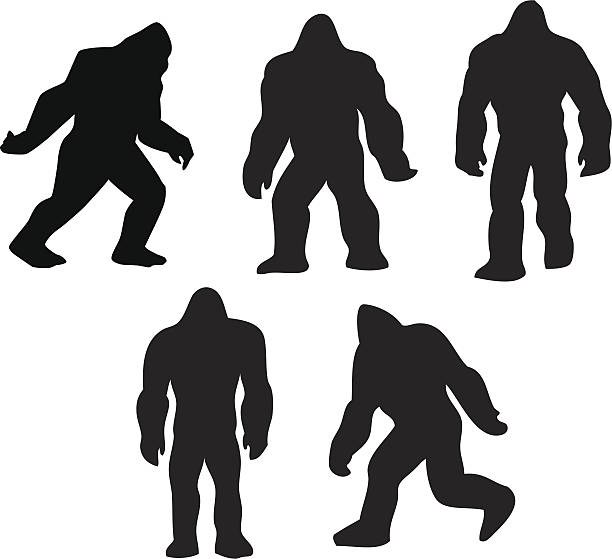 Bigfoot grouping Bigfoot silhouettes in various posses yeti cartoons stock illustrations