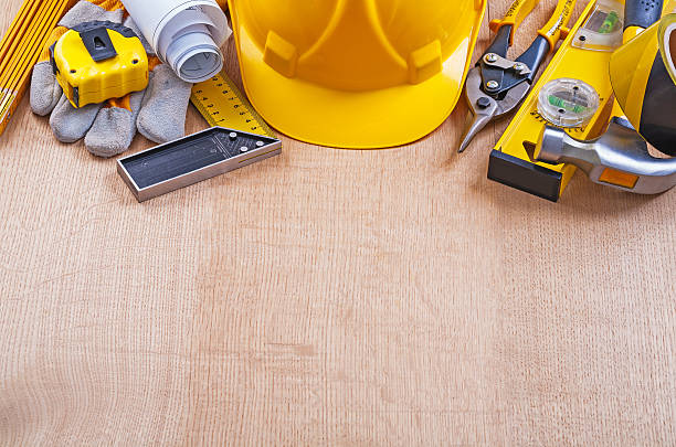 istock Group of house  improvement tools on oak wooden board constructi 476143760