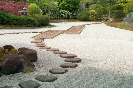 Japanese zen garden with scenic stone pathway