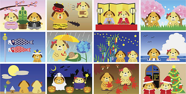 illustrationen für japanische kalender (hunde, landschaften) - cherry tree stuffed animal spring doll stock-grafiken, -clipart, -cartoons und -symbole