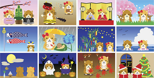 illustrationen für japanische kalender (katzen, landschaften) - cherry tree stuffed animal spring doll stock-grafiken, -clipart, -cartoons und -symbole