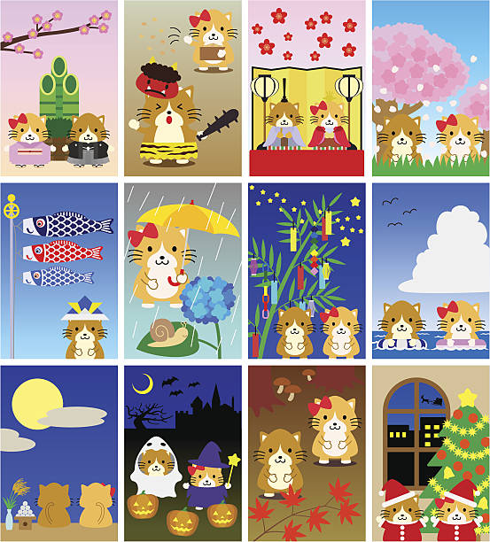 illustrationen für japanische kalender (katzen, porträt) - cherry tree stuffed animal spring doll stock-grafiken, -clipart, -cartoons und -symbole