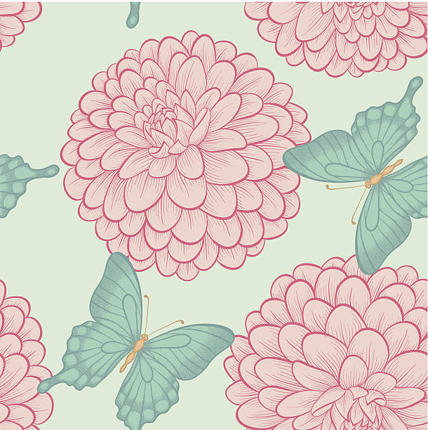 Seamless background with beautiful butterflies and flowers dahlias Seamless background with beautiful butterflies and flowers dahlias in a hand-drawn graphic style in vintage colors simple butterfly outline pictures stock illustrations