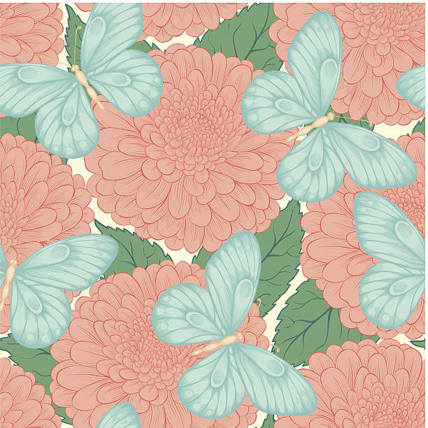 Beautiful seamless pattern with flowers chrysanthemums, leaves and butterflies Beautiful seamless pattern with flowers chrysanthemums, leaves and butterflies. Hand-drawn contour lines and strokes. Perfect for background greeting cards and invitations to the day of the wedding, birthday and Valentine's Day simple butterfly outline pictures stock illustrations